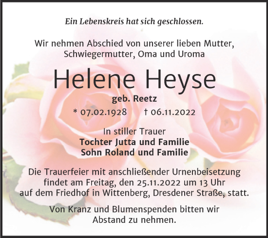 Traueranzeige von Helene Heyse von Trauerkombi Wittenberg