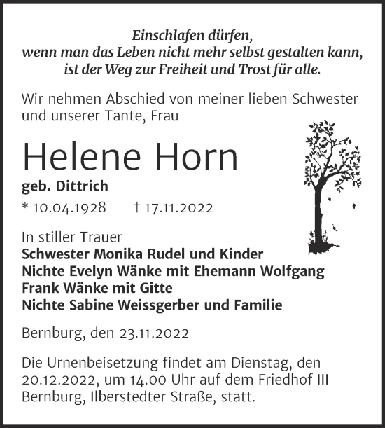 Traueranzeige von Helene Horn von Trauerkombi Bernburg