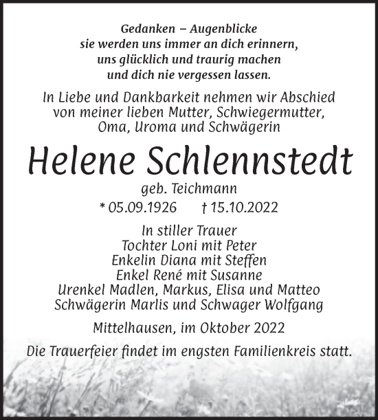 Traueranzeige von Helene Schlennstedt von Trauerkombi Sangerhausen