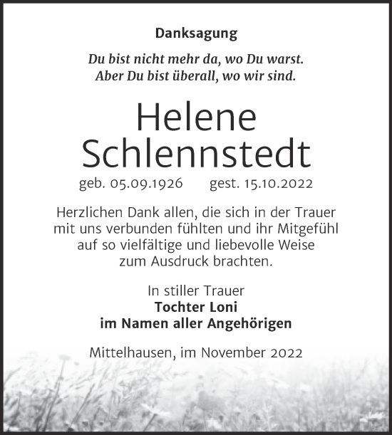 Traueranzeige von Helene Schlennstedt von Trauerkombi Sangerhausen