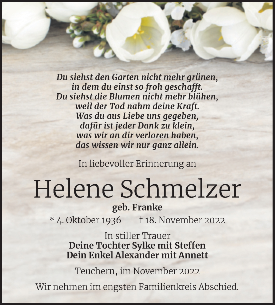 Traueranzeige von Helene Schmelzer von Trauerkombi Weißenfels