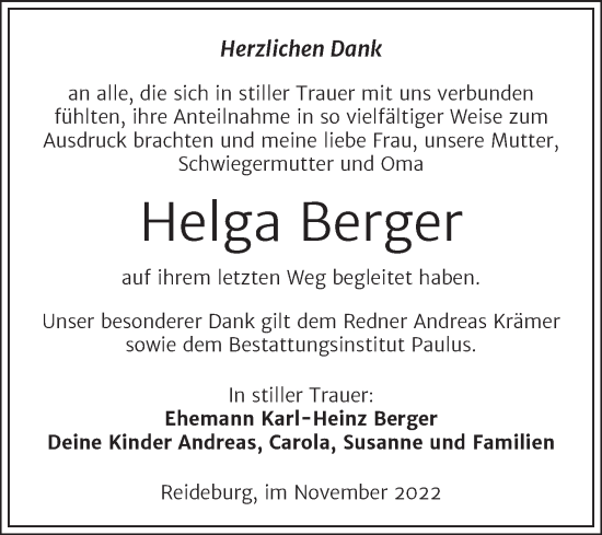 Traueranzeige von Helga Berger von Mitteldeutsche Zeitung Halle/Saalkreis