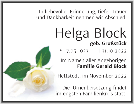 Traueranzeige von Helga Block von Trauerkombi Mansfelder Land