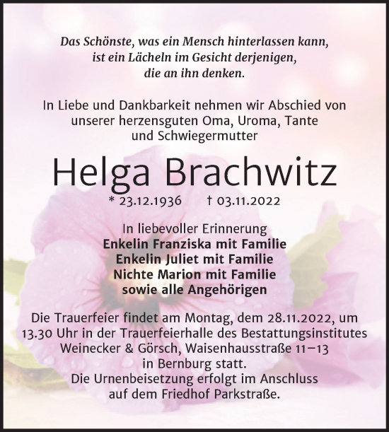 Traueranzeige von Helga Brachwitz von Trauerkombi Bernburg