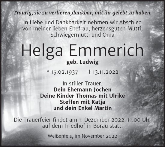 Traueranzeige von Helga Emmerich von Trauerkombi Weißenfels
