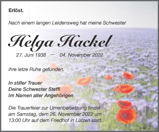 Traueranzeige von Helga Hackel von Trauerkombi Weißenfels