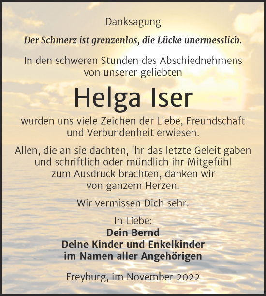 Traueranzeige von Helga Iser von Wochenspiegel Naumburg/Nebra