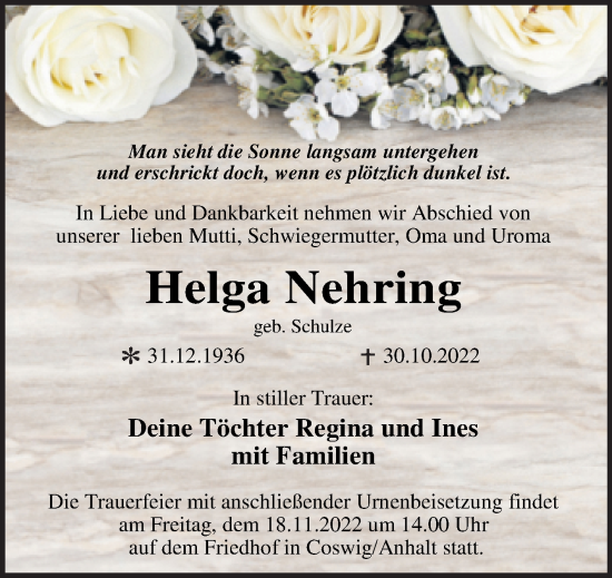 Traueranzeige von Helga Nehring von Trauerkombi Wittenberg