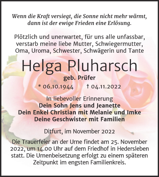 Traueranzeige von Helga Pluharsch von Trauerkombi Quedlinburg