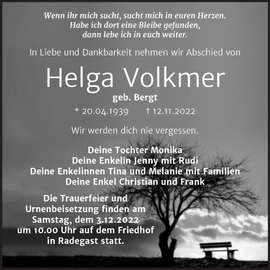 Traueranzeige von Helga Volkmer von Trauerkombi Köthen