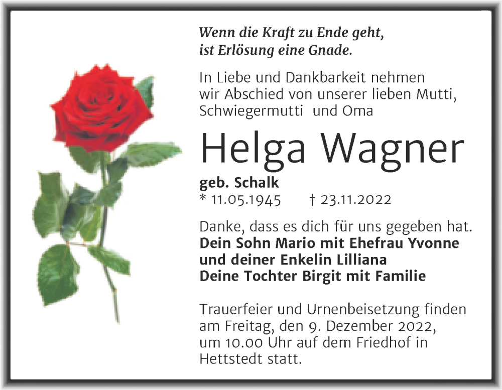  Traueranzeige für Helga Wagner vom 30.11.2022 aus Trauerkombi Mansfelder Land