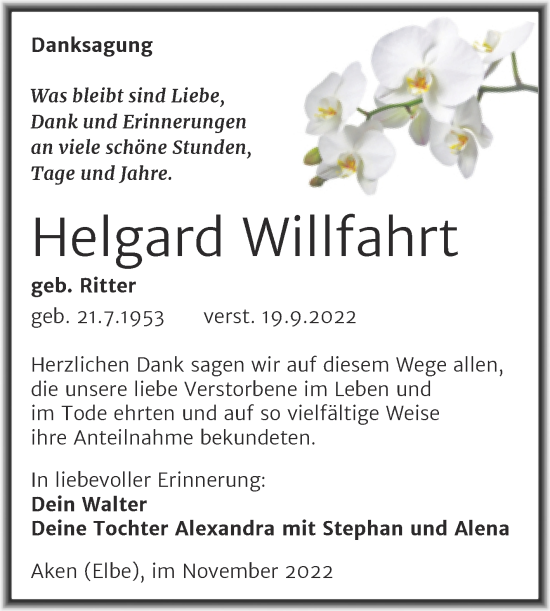 Traueranzeige von Helgard Willfahrt von Trauerkombi Köthen