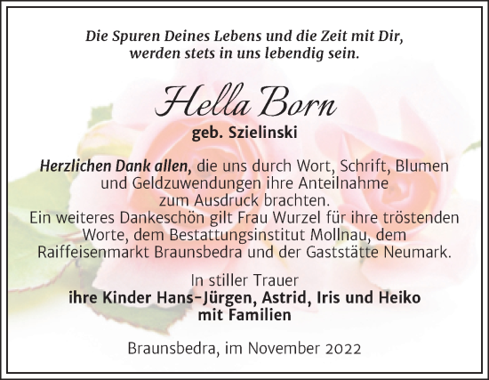 Traueranzeige von Hella Born von Trauerkombi Merseburg