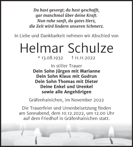 Traueranzeige von Helmar Schulze von Trauerkombi Wittenberg