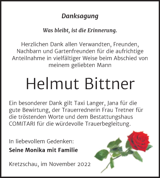 Traueranzeige von Helmut Bittner von Trauerkombi Zeitz