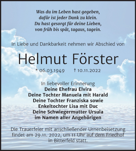 Traueranzeige von Helmut Förster von Trauerkombi Bitterfeld