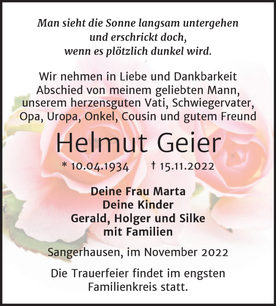 Traueranzeige von Helmut Geier von Trauerkombi Sangerhausen