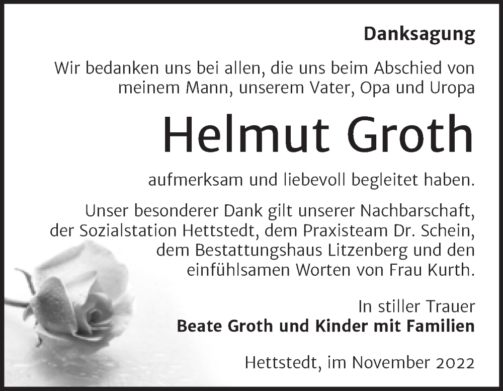  Traueranzeige für Helmut Groth vom 26.11.2022 aus Trauerkombi Mansfelder Land