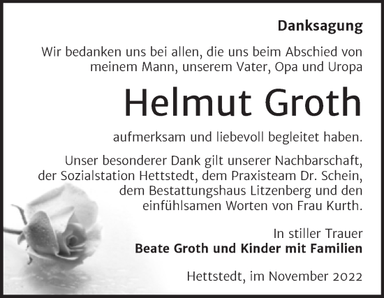 Traueranzeige von Helmut Groth von Trauerkombi Mansfelder Land