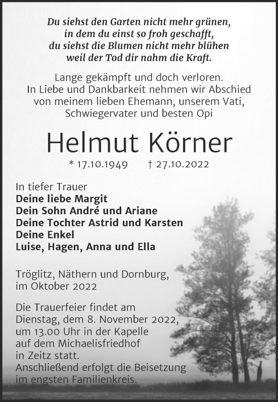 Traueranzeige von Helmut Körner von Naumburger Tageblatt