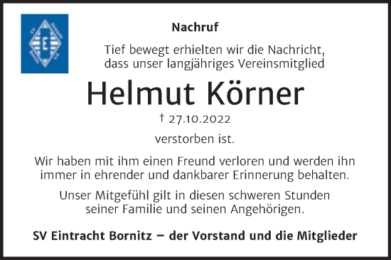 Traueranzeige von Helmut Körner von Trauerkombi Zeitz