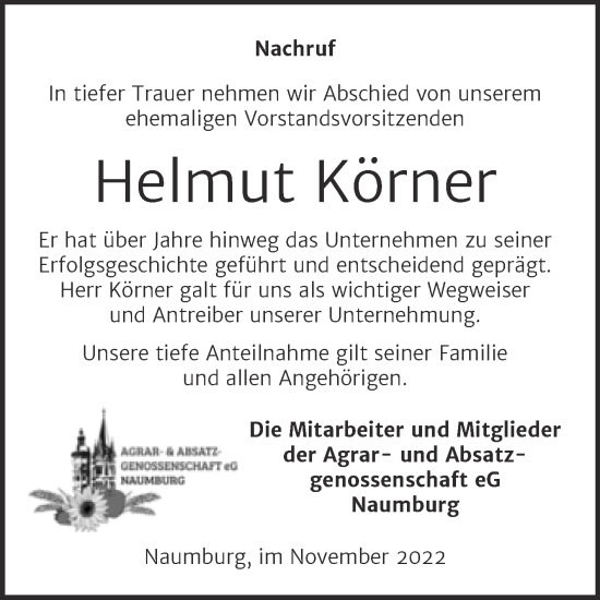 Traueranzeige von Helmut Körner von Naumburger Tageblatt