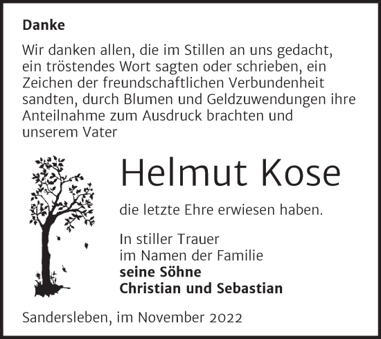 Traueranzeige von Helmut Kose von Trauerkombi Mansfelder Land