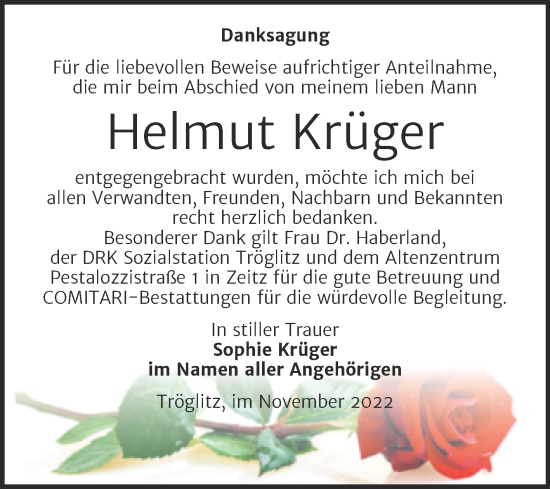 Traueranzeige von Helmut Krüger von Trauerkombi Zeitz