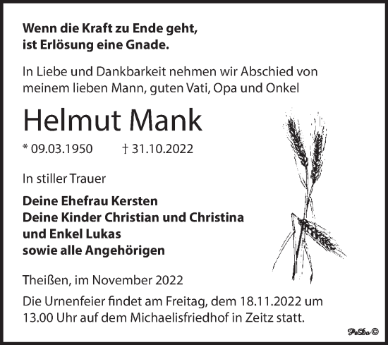 Traueranzeige von Helmut Mank von Trauerkombi Zeitz