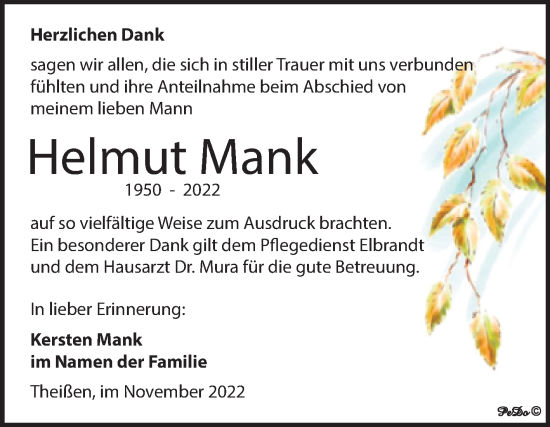 Traueranzeige von Helmut Mank von Trauerkombi Zeitz
