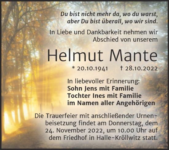 Traueranzeige von Helmut Mante von Mitteldeutsche Zeitung Halle/Saalkreis