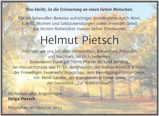 Traueranzeige von Helmut Pietsch von Trauerkombi Köthen