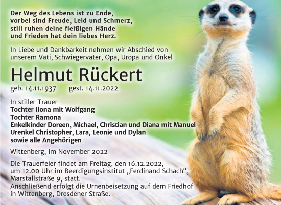 Traueranzeige von Helmut Rückert von Trauerkombi Wittenberg