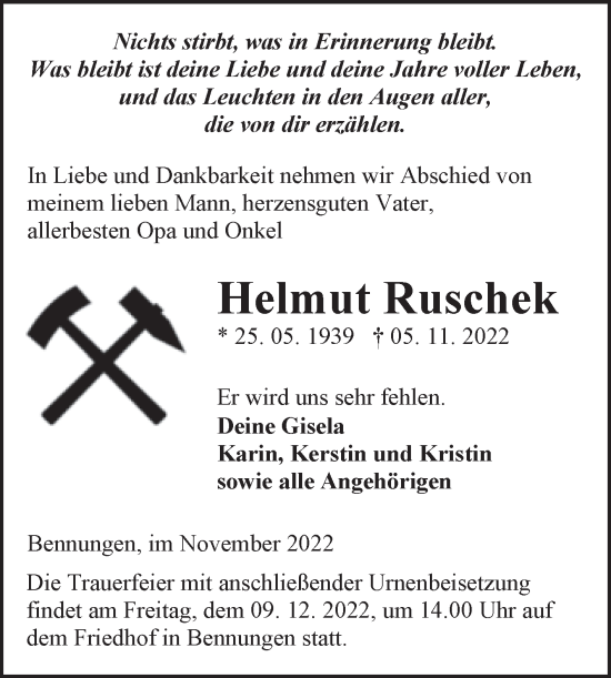Traueranzeige von Helmut Ruschek von Trauerkombi Sangerhausen
