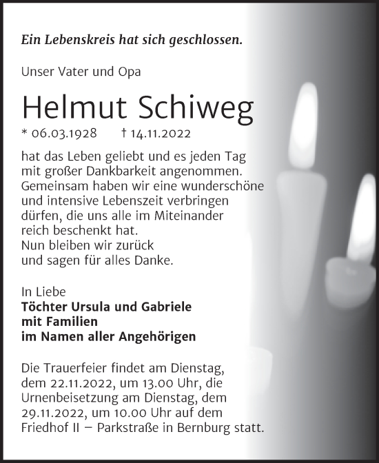 Traueranzeige von Helmut Schiweg von Trauerkombi Bernburg