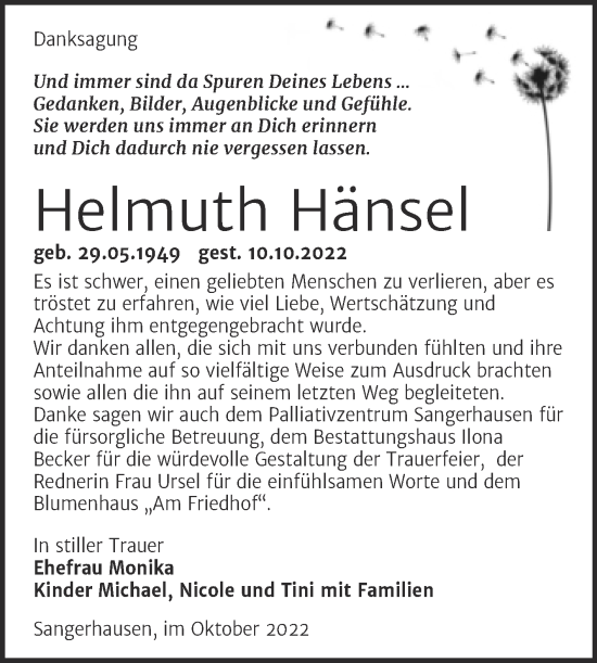 Traueranzeige von Helmuth Hänsel von Trauerkombi Sangerhausen