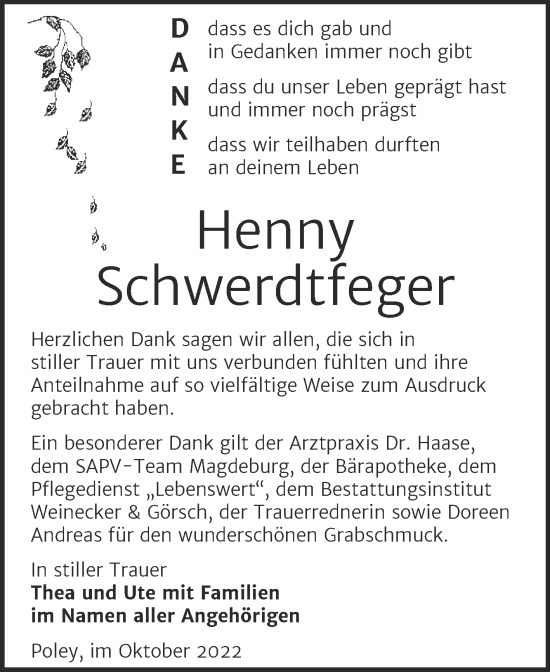 Traueranzeige von Henny Schwerdtfeger von Trauerkombi Bernburg