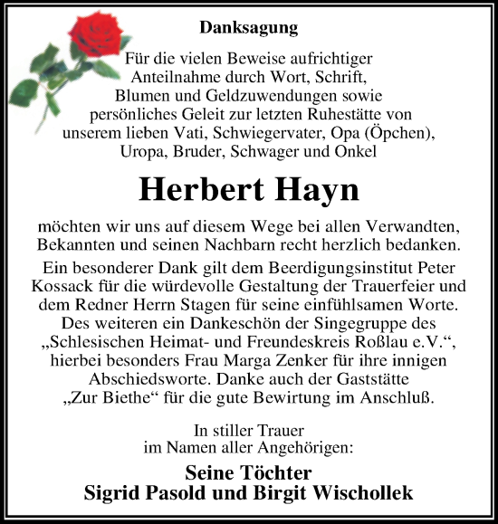 Traueranzeige von Herbert Hayn von Trauerkombi Dessau
