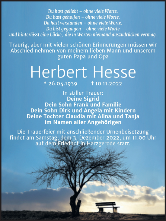 Traueranzeige von Herbert Hesse von Trauerkombi Quedlinburg