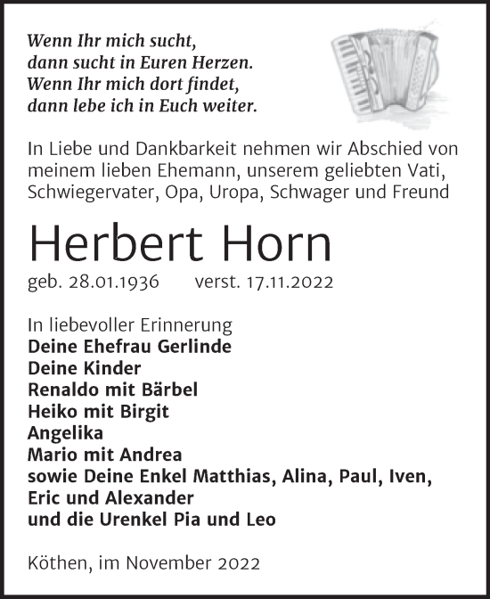 Traueranzeige von Herbert Horn von Trauerkombi Köthen