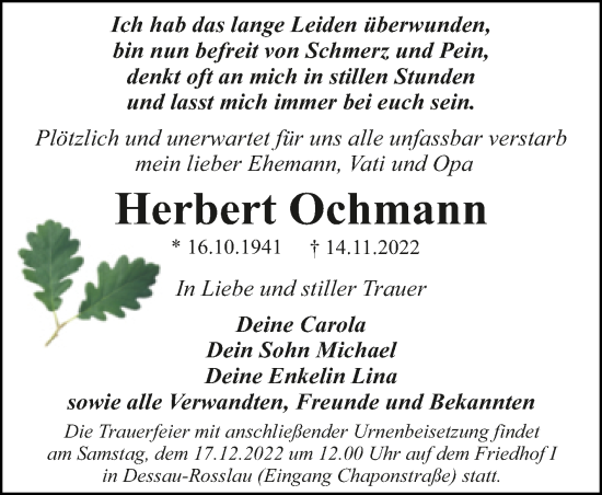 Traueranzeige von Herbert Ochmann von Trauerkombi Dessau