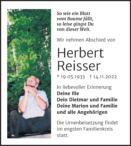 Traueranzeige von Herbert Reisser von Mitteldeutsche Zeitung Merseburg/Querfurt