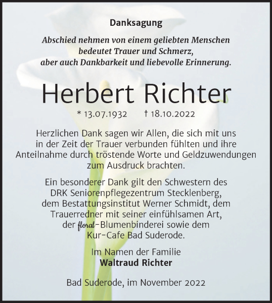 Traueranzeige von Herbert Richter von Trauerkombi Quedlinburg