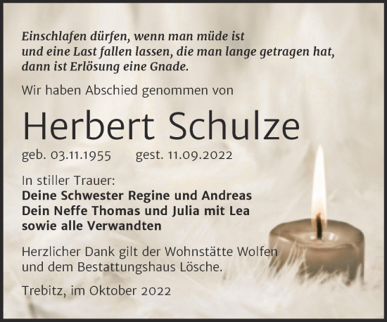 Traueranzeige von Herbert Schulze von Trauerkombi Wittenberg