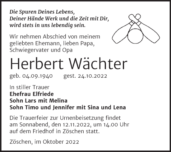 Traueranzeige von Herbert Wächter von Trauerkombi Merseburg