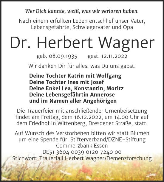 Traueranzeige von Herbert Wagner von Trauerkombi Wittenberg