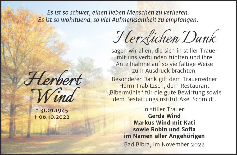  Traueranzeige für Herbert Wind vom 16.11.2022 aus Wochenspiegel Naumburg/Nebra