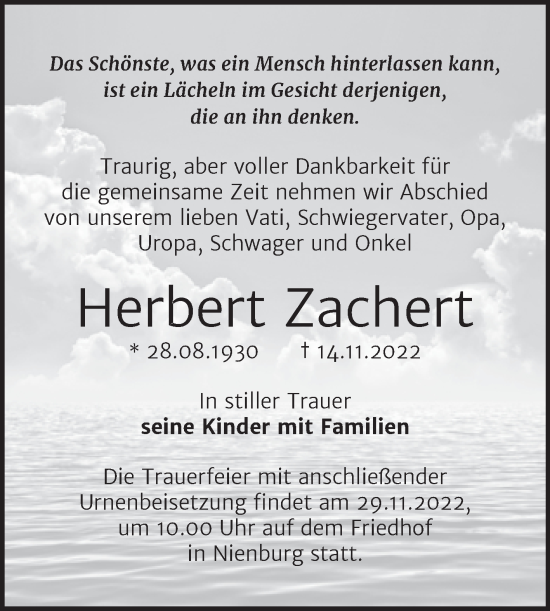 Traueranzeige von Herbert Zachert von Trauerkombi Bernburg