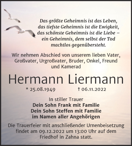 Traueranzeige von Hermann Liermann von Trauerkombi Wittenberg