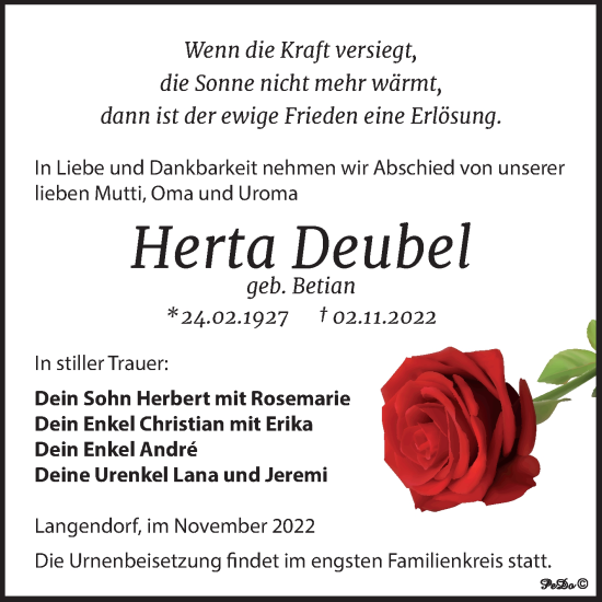 Traueranzeige von Herta Deubel von Trauerkombi Weißenfels